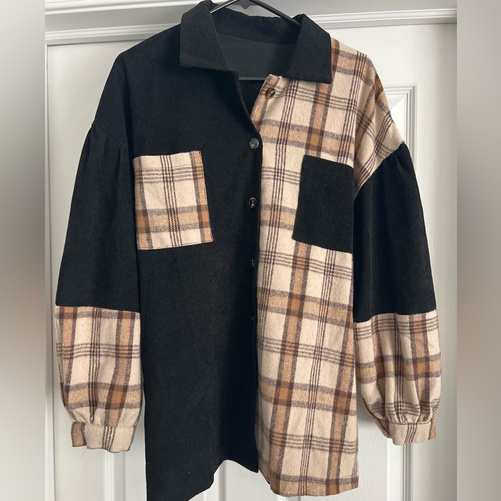 SHEIN Black and Tan Plaid Shirt - Size XL